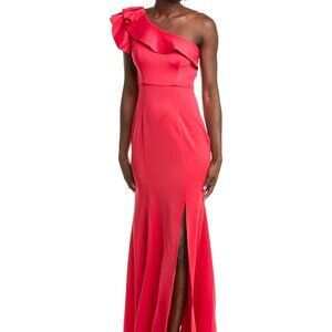 Rene Ruiz One-Shoulder Ruffle Neckline Scuba Gown